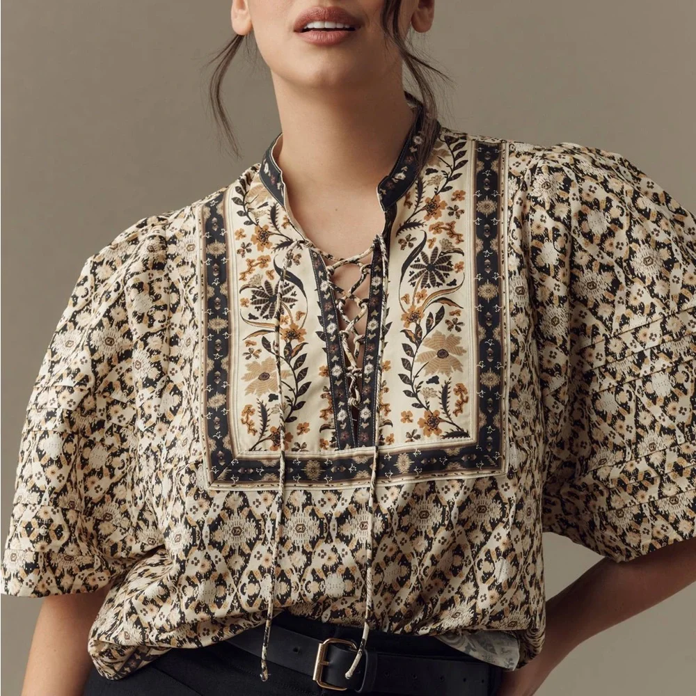 Anthropologie Pleated Puff-Sleeve Blouse Boho Peasant Top - Size Medium